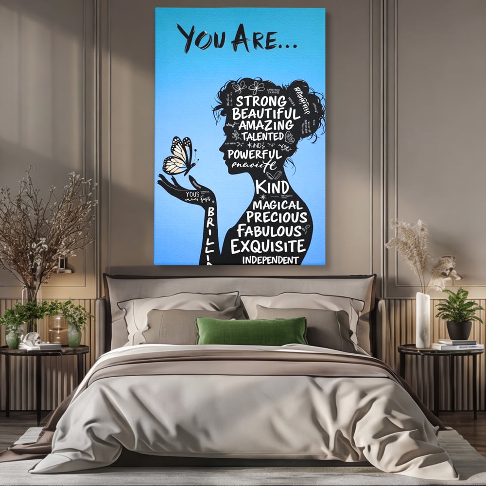 Tablou canvas cu tablou motivational cu portret de femeie si cuvinte, fara rama, pe sasiu de lemn, pe perete intr-un dormitor